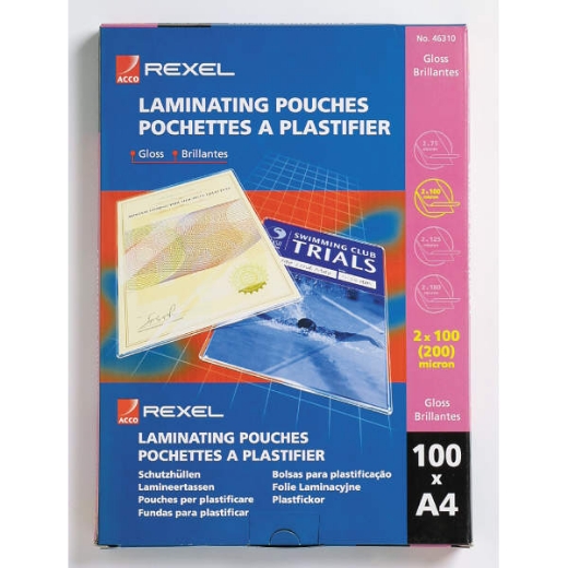 Picture of Rexel A4 Gloss Laminating Pouches 100 Micron Pack of 100