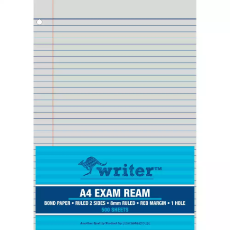 Picture of WRITER EXAM PAPER 60GSM 8MM RULED 1 HOLE PUNCHED A4 WHITE 500 SHEETS