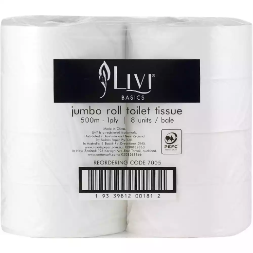 Picture of LIVI BASICS JUMBO ROLL TOILET 1-PLY 500M CARTON 8