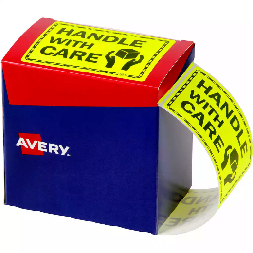 Picture of AVERY 932615 MESSAGE LABEL HANDLE WITH CARE 75 X 99.6MM FLUORO YELLOW PACK 750