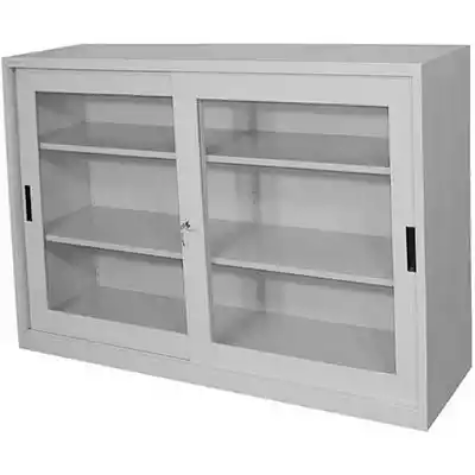 Picture of STEELCO GLASS SLIDING DOOR CUPBOARD 2 SHELF 1015 X 914 X 465MM WHITE SATIN