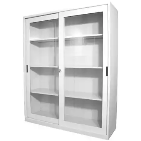 Picture of STEELCO GLASS SLIDING DOOR CUPBOARD 3 SHELVES 1830 X 1500 X 465MM WHITE SATIN