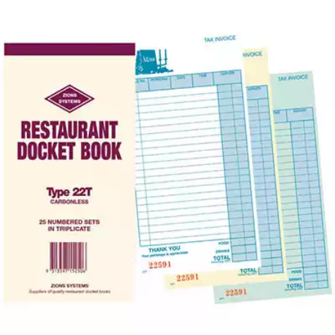 Picture of ZIONS 22T RESTAURANT DOCKET BOOK CARBONLESS TRIPLICATE 200 X 100MM 25 SETS