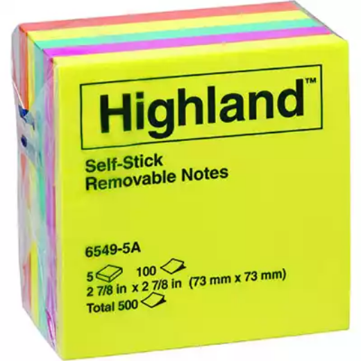 Picture of HIGHLAND COLOURED NOTES 100 SHEETS PER PAD 73 X 73MM ASSORTED BRIGHT COLOURS PACK 5