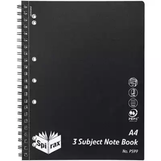 Picture of SPIRAX P599 3-SUBJECT NOTEBOOK 7MM RULED SIDE OPEN A4 300 PAGE BLACK