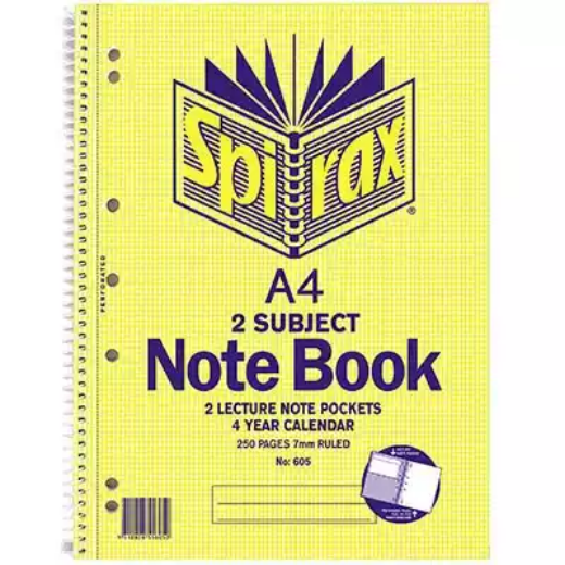 Picture of SPIRAX 605 2 SUBJECT NOTEBOOK 7MM RULED SPIRAL BOUND 250 PAGE A4