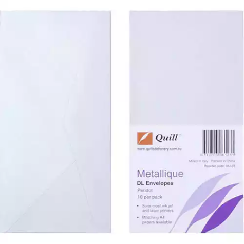 Picture of QUILL DL METALLIQUE ENVELOPES PLAINFACE STRIP SEAL 80GSM 110 X 220MM PERIDOT PACK 10