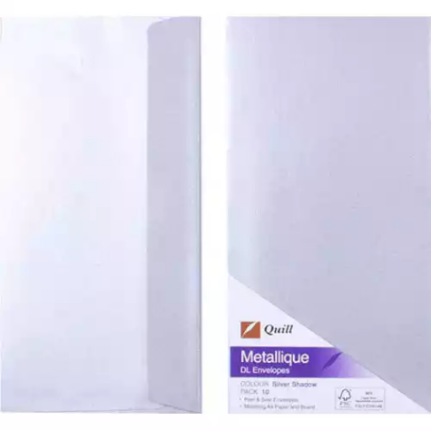 Picture of QUILL DL METALLIQUE ENVELOPES PLAINFACE STRIP SEAL 80GSM 110 X 220MM SILVER PACK 10