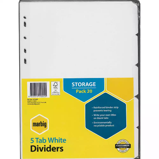 Picture of MARBIG DIVIDER MANILLA 5-TAB A4 WHITE PACK 20