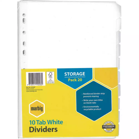 Picture of MARBIG DIVIDER MANILLA 10-TAB A4 WHITE PACK 20