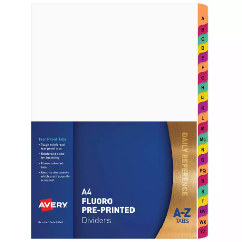 Picture of AVERY 85743 DIVIDER PLASTIC A4 A-Z RAINBOW FLUORESCENT TAB