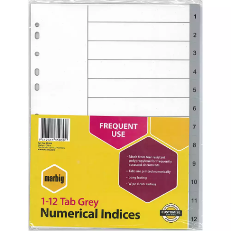 Picture of MARBIG INDEX DIVIDER PP 1-12 TAB A4 GREY