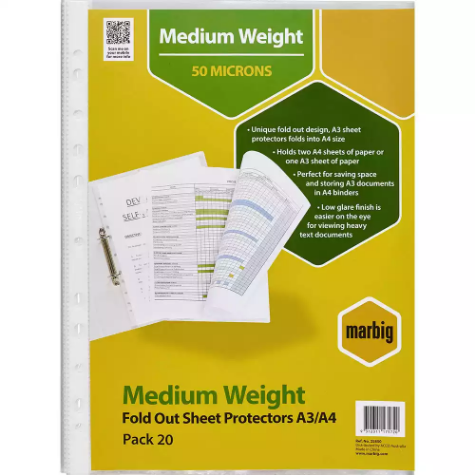 Picture of MARBIG MEDIUMWEIGHT COPYSAFE SHEET PROTECTORS FOLD OUT A4 PACK 20