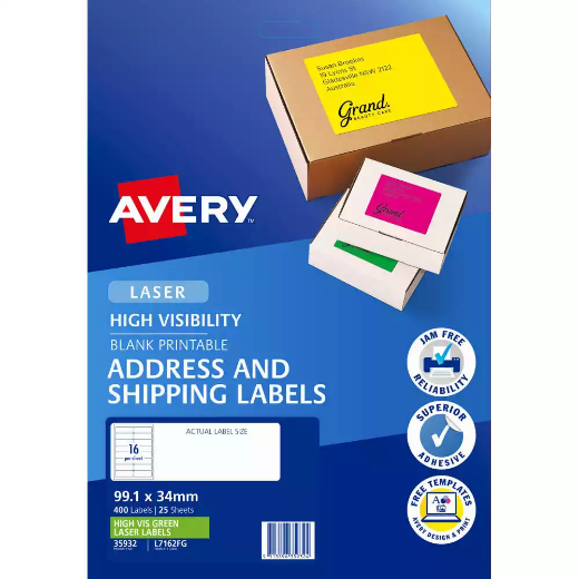 Picture of AVERY 35932 L7162FG HIGH VISIBILITY SHIPPING LABEL LASER 16UP FLUORO GREEN PACK 25