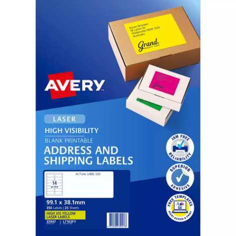 Picture of AVERY 35947 L7163FY HIGH VISIBILITY SHIPPING LABEL LASER 14UP FLUORO YELLOW PACK 25