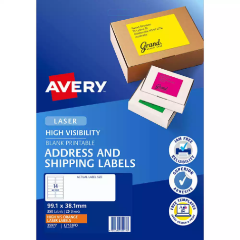 Picture of AVERY 35977 L7163FO HIGH VISIBILITY SHIPPING LABEL LASER 14UP FLUORO ORANGE PACK 25