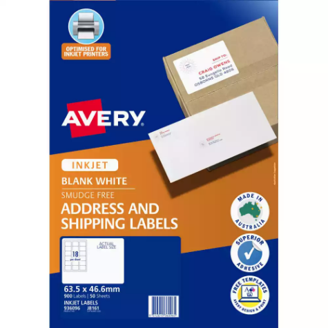 Picture of AVERY 936096 J8161 ADDRESS LABELS INKJET 18UP WHITE PACK 50