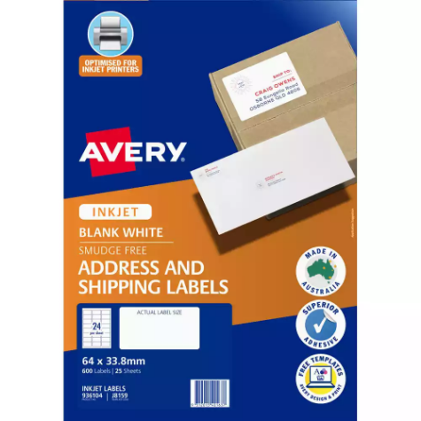 Picture of AVERY 936104 J8159 ADDRESS LABELS INKJET 24UP WHITE PACK 25