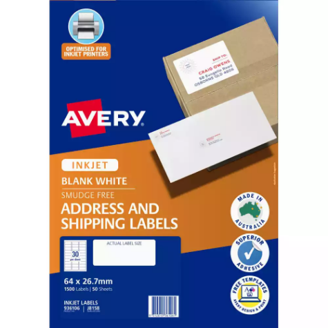 Picture of AVERY 936106 J8158 ADDRESS LABELS INKJET 30UP WHITE PACK 50