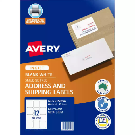 Picture of AVERY 936116 J8164 ADDRESS LABELS INKJET 12UP WHITE PACK 50