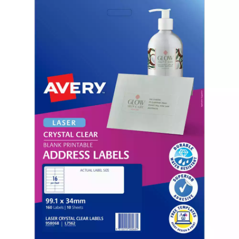 Picture of AVERY 958068 L7562 CRYSTAL CLEAR ADDRESS LABEL LASER CLEAR 16UP PACK 10