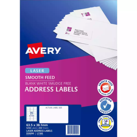 Picture of AVERY 959090 L7160 ADDRESS LABEL SMOOTH FEED LASER 21UP WHITE PACK 250