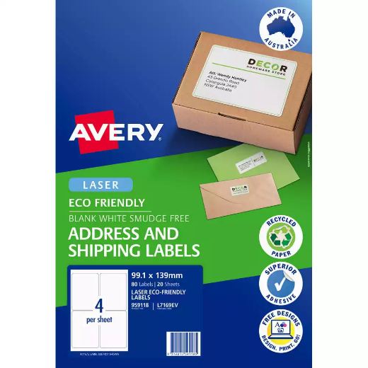 Picture of AVERY 959118 L7169EV ECO FRIENDLY LABELS LASER 4UP WHITE PACK 20