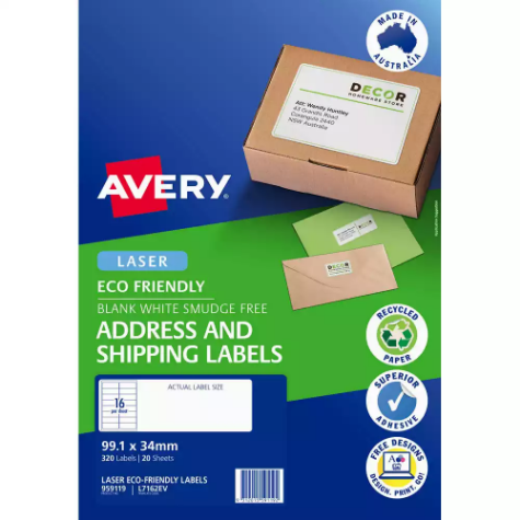 Picture of AVERY 959119 L7652EV ECO FRIENDLY LABELS LASER 16UP WHITE PACK 20