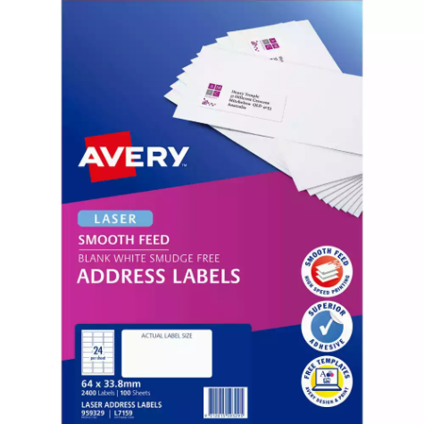 Picture of AVERY 959329 L7159 ADDRESS LABEL SMOOTH FEED LASER 24UP WHITE PACK 100