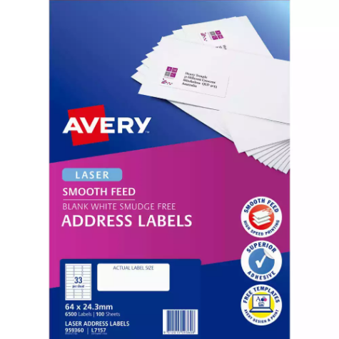 Picture of AVERY 959360 L7157 ADDRESS LABEL SMOOTH FEED LASER 33UP WHITE PACK 100