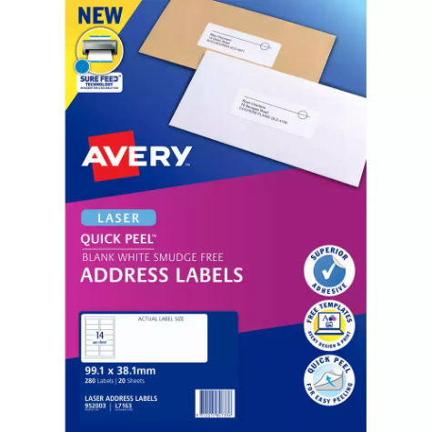 Picture of AVERY 952003 L7163 QUICK PEEL ADDRESS LABEL WITH SURE FEED LASER 14UP WHITE PACK 20