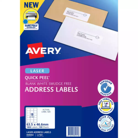 Picture of AVERY 959002 L7161 QUICK PEEL ADDRESS LABEL WITH SURE FEED LASER 18UP WHITE PACK 100