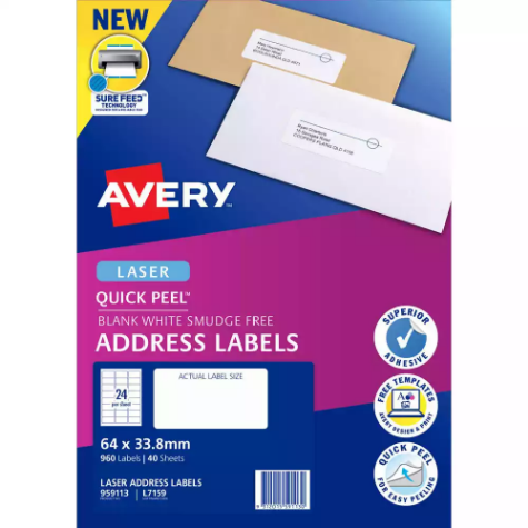 Picture of AVERY 959113 L7159 QUICK PEEL ADDRESS LABEL WITH SURE FEED LASER 24UP WHITE PACK 40