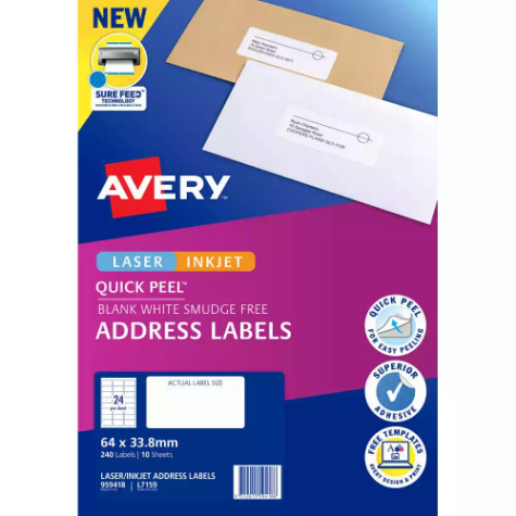 Picture of AVERY 959418 L7159 QUICK PEEL ADDRESS LABEL WITH SURE FEED LASER 24UP WHITE PACK 10