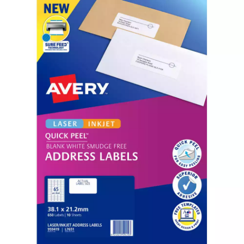 Picture of AVERY 959419 L7651 QUICK PEEL ADDRESS LABEL WITH SURE FEED LASER 65UP WHITE PACK 10