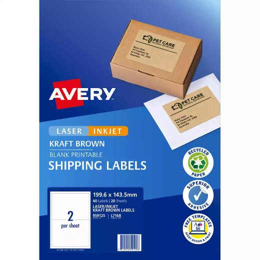 Picture of AVERY 959125 L7168 SHIPPING LABEL LASER/INKJET 2UP KRAFT BROWN PACK 20