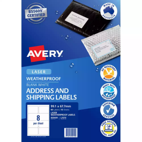 Picture of AVERY 959409 L7070 WEATHERPROOF SHIPPING LABEL LASER 8UP WHITE PACK 10