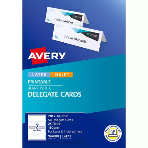 Picture of AVERY 947000 L7423 DELEGATE CARDS LASER EMBOSSED 2UP 210 X 74.25MM 150GSM PACK 25