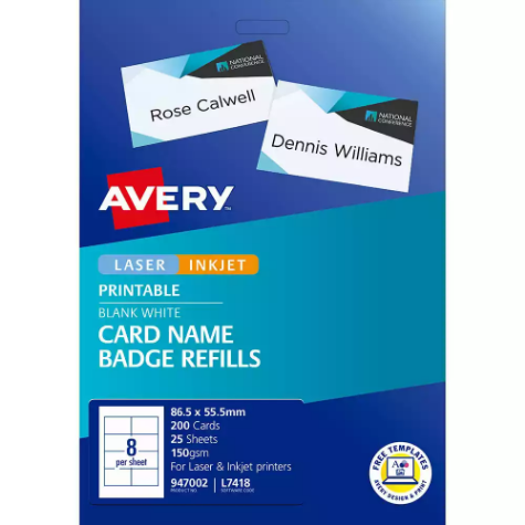 Picture of AVERY 947002 L7418K NAME BADGE CARD REFILLS INKJET/LASER WHITE 150GSM 8UP 86.5 X 55.5MM PACK 200