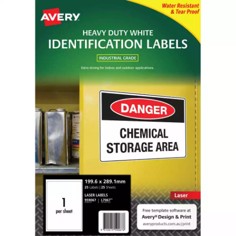 Picture of AVERY 959067 L7067 HEAVY DUTY LASER LABELS 1UP WHITE PACK 25