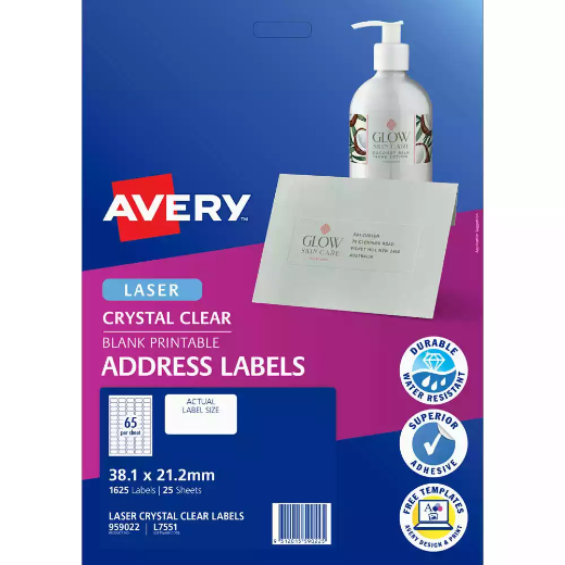 Picture of AVERY 959022 L7551 CRYSTAL CLEAR ADDRESS LABEL LASER 65UP CLEAR PACK 25