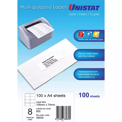 Picture of UNISTAT 38934 MULTI-PURPOSE LABEL 8UP 105 X 74MM WHITE PACK 100