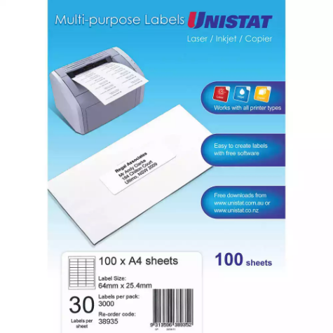 Picture of UNISTAT 38935 MULTI-PURPOSE LABEL 30UP 64 X 25.4MM WHITE PACK 100