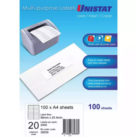 Picture of UNISTAT 38936 MULTI-PURPOSE LABEL 20UP 98 X 25.4MM WHITE PACK 100