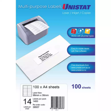 Picture of UNISTAT 38937 MULTI-PURPOSE LABEL 14UP 98 X 38MM WHITE PACK 100