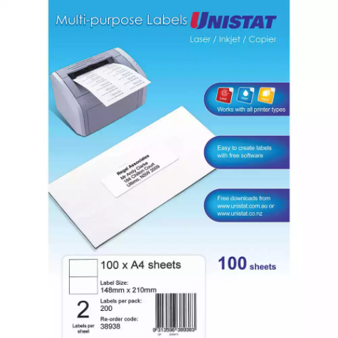 Picture of UNISTAT 38938 MULTI-PURPOSE LABEL 2UP 148 X 210MM WHITE PACK 100