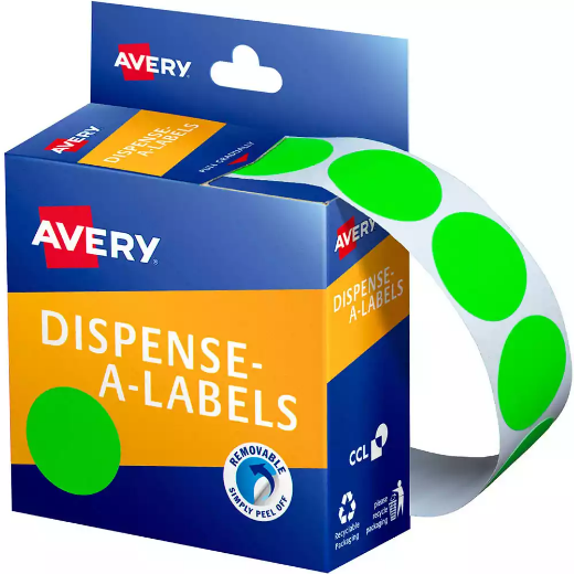 Picture of AVERY 937297 ROUND LABEL DISPENSER 24MM FLUORO GREEN BOX 350