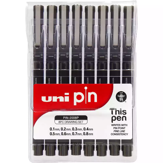 Picture of UNI-BALL 200 PIN FINELINER PEN ASSORTED TIPS BLACK PACK 8