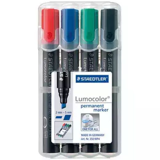Picture of STAEDTLER 350 LUMOCOLOR PERMANENT MARKER CHISEL 5.0MM ASSORTED WALLET 4