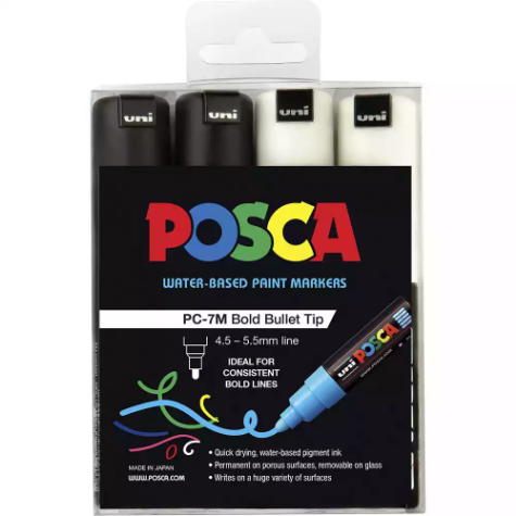 Picture of POSCA PC-7M PAINT MARKER BULLET BOLD 5.5MM BLACK AND WHITE PACK 4